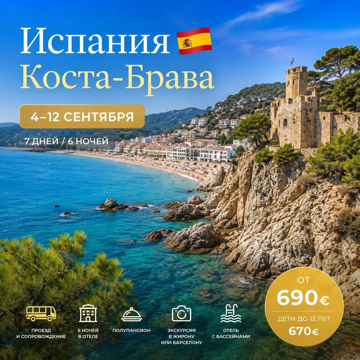 Узбережжя Коста-Брава: море, скелі та стара вежа над пляжем